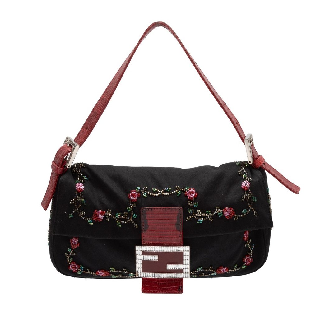 Black & Red Fendi Satin & Lizard Beaded Baguette Bag